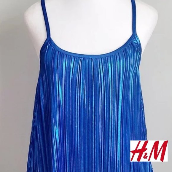 Strappy Metallic Blue Camisole Tank Top Scoop Neck Micro Pleats Flowy Disco Vibe - Picture 1 of 7